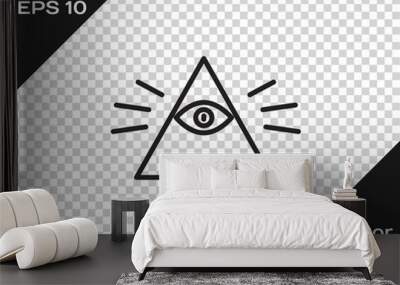 Black line Masons symbol All-seeing eye of God icon isolated on transparent background. The eye of Providence in the triangle. Vector Wall mural