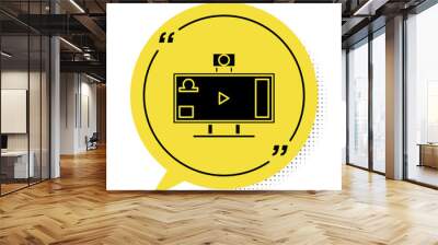 Black Live streaming online videogame play icon isolated on white background. Yellow speech bubble symbol. Vector Illustration Wall mural