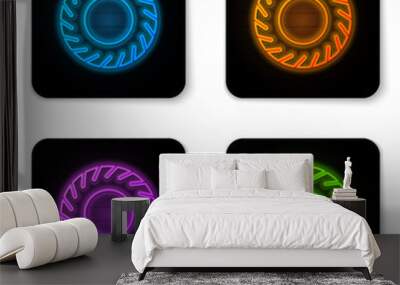 Glowing neon Car tire icon isolated on white background. Black square button. Vector Illustration Wall mural