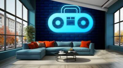 Glowing neon Home stereo with two speakers icon isolated on brick wall background. Music system. Vector Wall mural