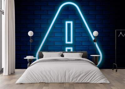 Glowing neon line Exclamation mark in triangle icon isolated on brick wall background. Hazard warning sign, careful, attention, danger warning sign. Colorful outline concept. Vector Wall mural