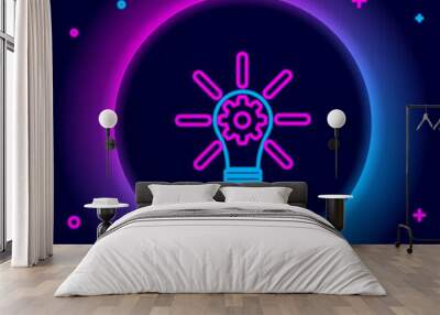 Glowing neon line Light bulb with rays shine and gear inside icon isolated on black background. Innovation concept. Colorful outline concept. Vector Wall mural