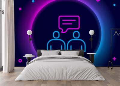 Glowing neon line Two sitting men talking icon isolated on black background. Speech bubble chat. Message icon. Communication or comment chat symbol. Colorful outline concept. Vector Wall mural