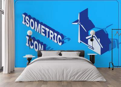 Isometric House with wind turbine for electric energy generation icon isolated on blue background. Eco-friendly house. Environmental Protection. Vector Illustration Wall mural