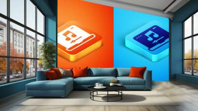 Isometric Laptop with music note symbol on screen icon isolated on orange and blue background. Vector Wall mural