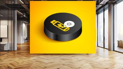 Isometric line USB flash drive and gear icon isolated on yellow background. Adjusting app, service concept, setting options, maintenance, repair, fixing. Black circle button. Vector. Wall mural