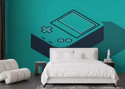 Isometric Portable video game console icon isolated on green background. Gamepad sign. Gaming concept. Vector Illustration Wall mural