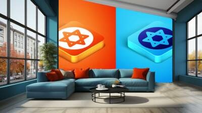 Isometric Star of David icon isolated on orange and blue background. Jewish religion symbol. Symbol of Israel. Vector. Wall mural