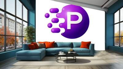 P Letter splash logo. Purple dots and circle bubble letter design on grey background. Vector Illustration Wall mural