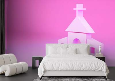 Pink Church building icon isolated on pink background. Christian Church. Religion of church. Minimalism concept. 3d illustration 3D render. Wall mural