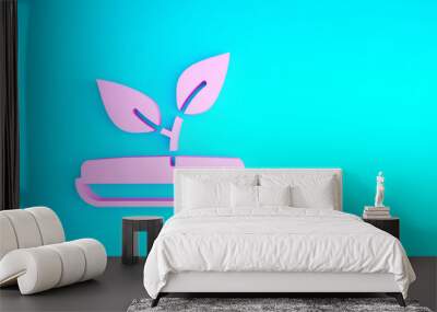 Pink Sprout icon isolated on blue background. Seed and seedling. Leaves sign. Leaf nature. Minimalism concept. 3d illustration 3D render Wall mural