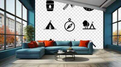 Set Canteen water bottle, Old wooden axe, Compass, Wooden in stump, Tourist tent with flag, and, and icon. Vector Wall mural