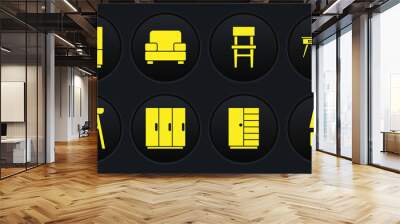 Set Chair, Office desk, Wardrobe, Armchair, Table lamp and icon. Vector Wall mural