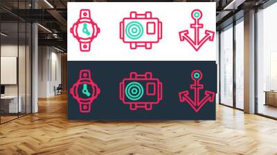 Set line Anchor, Diving watch and Photo camera for diver icon. Vector Wall mural