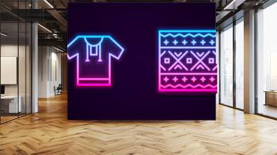 Set line Cossack pants, Embroidered shirt, Ukrainian ethnic pattern and Bread and salt. Glowing neon icon. Vector. Wall mural