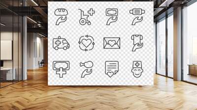 Set line Donation and charity, Male doctor, food, Volunteer, Envelope with heart and Clothes donation icon. Vector Wall mural