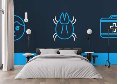 Set line First aid kit, High human body temperature and Parasite mite icon. Vector Wall mural