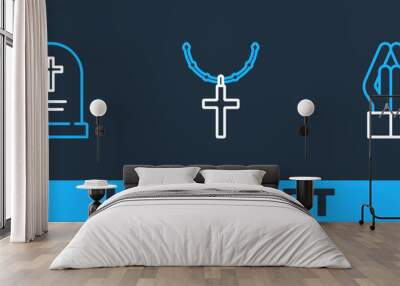 Set line Hands in praying position, Tombstone with cross and Christian chain icon. Vector Wall mural