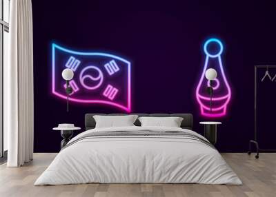 Set line Kimono, South Korea flag, Soju bottle and . Glowing neon icon. Vector Wall mural