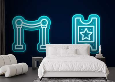 Set line Microphone, Rope barrier, Cinema ticket and 4k Ultra HD. Glowing neon icon. Vector. Wall mural