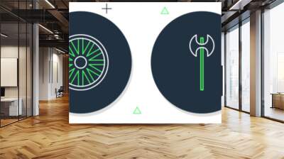 Set line Old wooden wheel, Medieval axe, iron helmet and Castle tower icon. Vector Wall mural