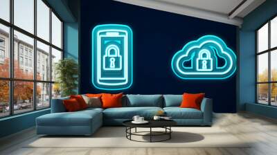 Set line Open padlock, Smartphone with, Cloud computing and Shield security. Glowing neon icon. Vector Wall mural