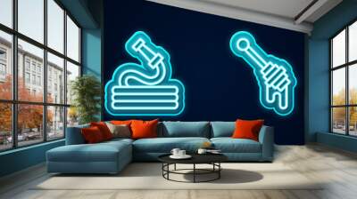 Set line Roll of hay, Garden hose, Honey dipper stick and Farm house. Glowing neon icon. Vector Wall mural