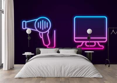 Set line Rubber plunger, Hair dryer, Smart Tv and Sofa. Glowing neon icon. Vector Wall mural