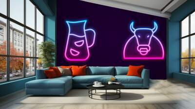 Set line Spanish woman, Sangria, Bull and Earrings. Glowing neon icon. Vector Wall mural