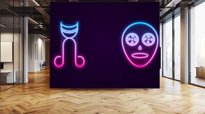 Set line Spray can, Eyelash curler, Facial cosmetic mask and Makeup powder with mirror. Glowing neon icon. Vector Wall mural