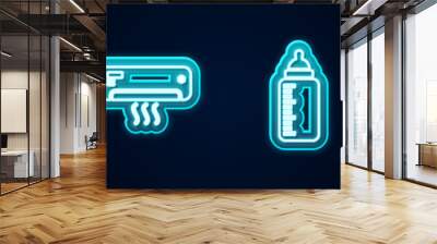 Set line Sun and cloud weather, Air conditioner, Baby bottle and snowflake. Glowing neon icon. Vector Wall mural