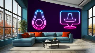 Set line Wrestling championship belt, Avocado fruit, Mexican sombrero and man. Glowing neon icon. Vector Wall mural