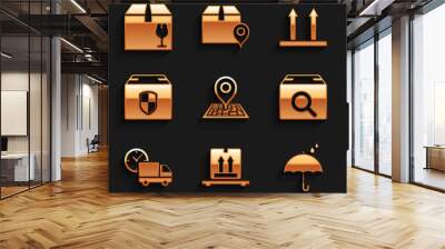 Set Placeholder on map, Cardboard boxes pallet, Umbrella and rain drops, Search package, Delivery truck clock, security shield, This side up and with fragile content icon. Vector Wall mural