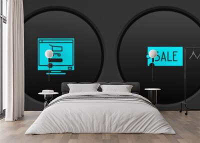 Set Price tag with text Free, Shopping cart on computer, Sale and Magnifying glass and dollar icon. Vector Wall mural