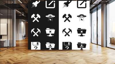 Set UFO abducts cow, Two crossed hammers, Rocket ship with fire, Open in new window, and FTP cancel operation icon. Vector Wall mural