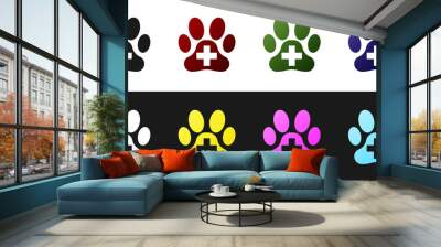 Set Veterinary clinic symbol icon isolated on black and white background. Cross hospital sign. A stylized paw print dog or cat. Pet First Aid sign. Vector Illustration Wall mural