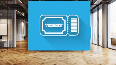 White line Ticket icon isolated with long shadow. Vector Illustration Wall mural