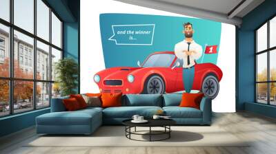 Happy businessman standing near the sport car. Man winner and his sports car. Vector illustration Wall mural