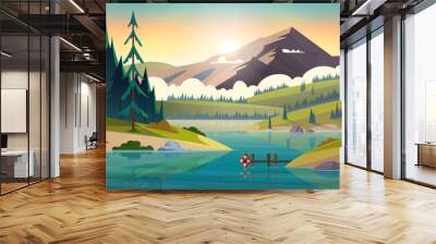 Hut by the river in frjnt of rocky mountains. House on the shore of a clean mountain lake. Modern cartoon illustration. Wall mural