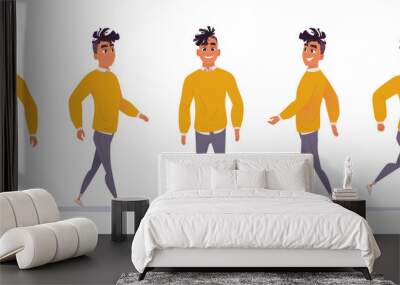 Set of characters modern African American man.Collection of walking and running boy in different poses in casual clothes Wall mural