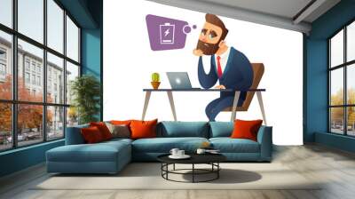 Successful beard businessman character feeling exhausted. Tired manager sitting at working place with computer in office. Business concept. Business concept illustration Wall mural