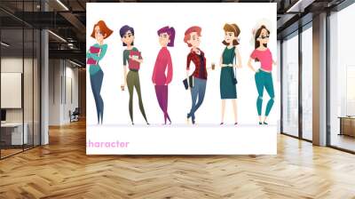 Women character design collection. Modern cartoon flat style. Females stand together. Young females in different poses. Wall mural