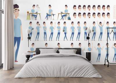 Young man character collection. Set of different poses and situation. Modern flat cartoon style. Wall mural