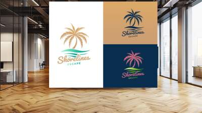 Shorelines Escape log design. Tropical beach scene with palm tree, ocean waves, and text Palm Paradise Adventure. Suitable for travel and adventure designs. EPS Layered Vector File Wall mural