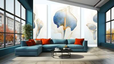 Abstract art background with golden and blue calla flowers in line art style.. Botanical poster with watercolor leaves in art line style for decor, design, wallpaper, packaging Wall mural