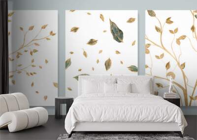 Abstract art background with golden tree leaves in line style. Botanical poster set for print design, textile, wallpaper, interior design. Wall mural