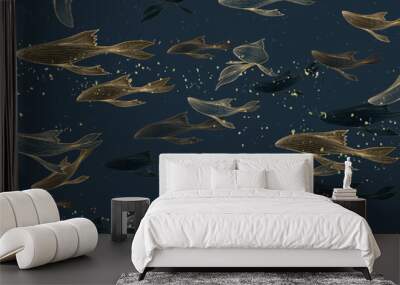 Abstract dark art background with goldfish in the sea in line style. Animal hand drawn vector banner for wallpaper design, decor, print, interior design, packaging. Wall mural