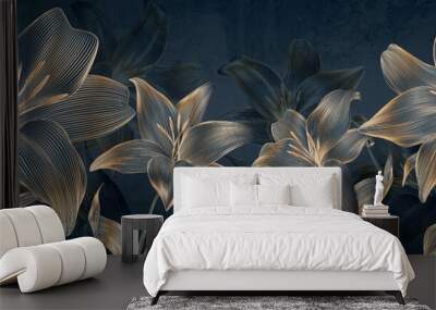 Abstract dark art background with lilies flowers in golden line style. Hand drawn botanical banner for decor, print, textile, wallpaper, interior design. Wall mural