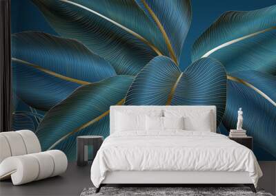 Abstract luxury art background with exotic tropical leaves in blue and gold color in line style. Botanical design for decor, print, banner, wallpaper Wall mural