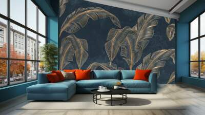 Abstract luxury art background with tropical palm leaves in blue and green colors with golden art line style. Botanical banner with exotic plants for wallpaper design, decor, print, textile Wall mural